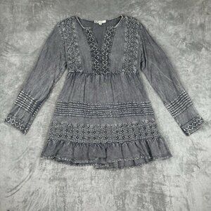 Laffaire Womens Small Acid Washed Tunic Top Smoked Boho Grunge Emo Punk Tiered
